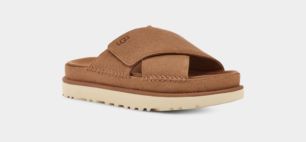UGG W Goldenstar Cross Slide Chestnut: brown sandals for women