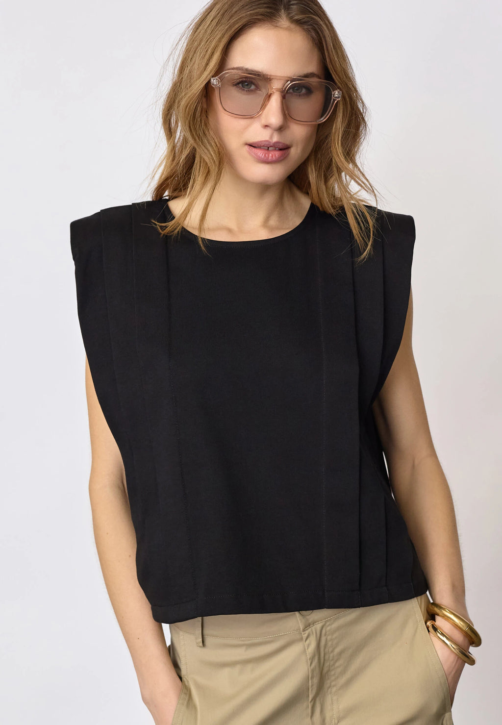 COCOUTURE Zellicc Padded Pleat TOP Black: black T-shirt for women