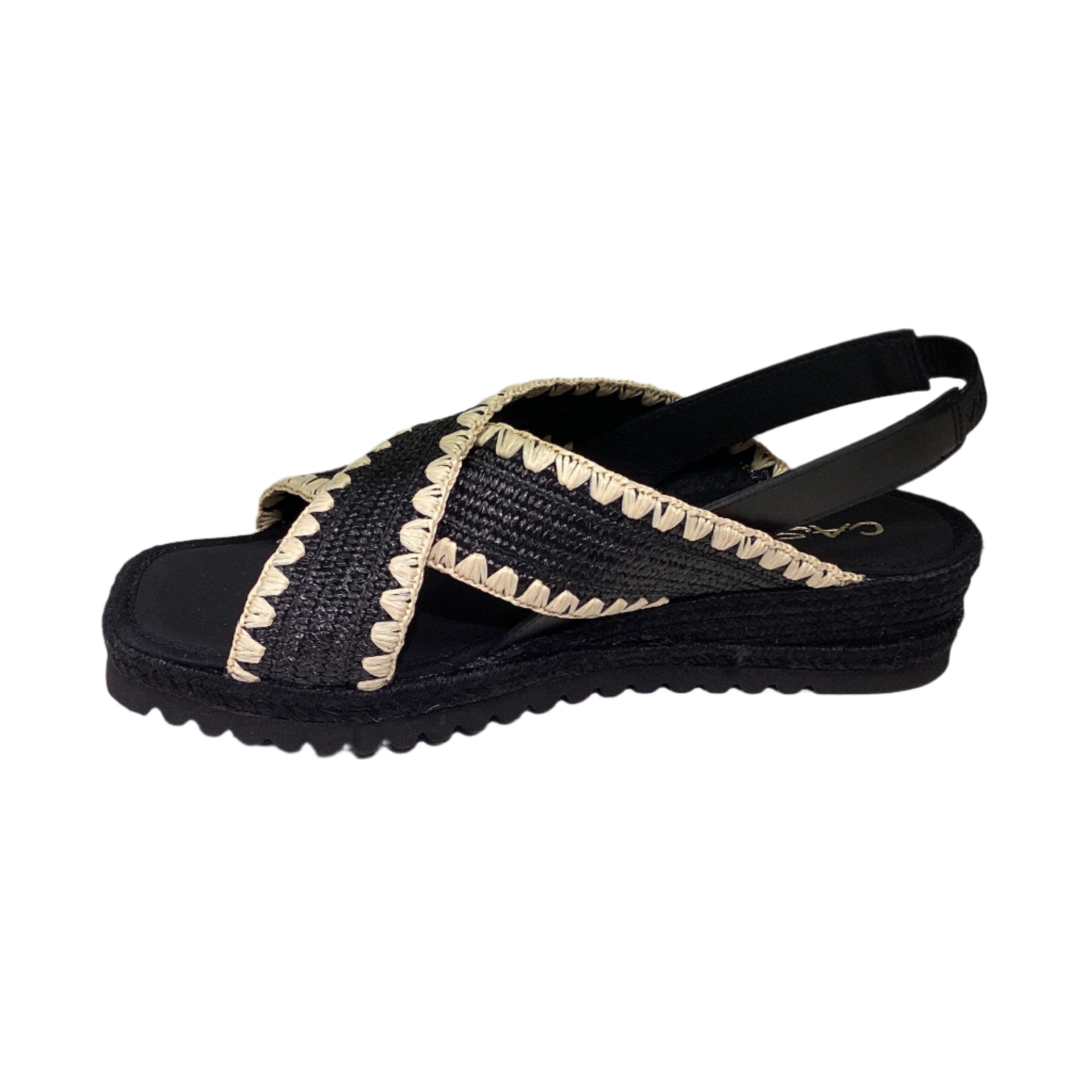 CASTELLER 895 Elastico Rafia con Vaqueta: black sandals for women