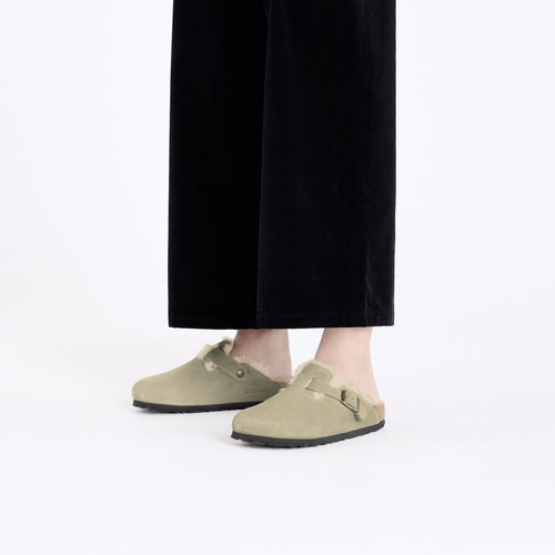 BIRKENSTOCK Boston Shearling Suede Leather/fur Taupe: green clogs for women