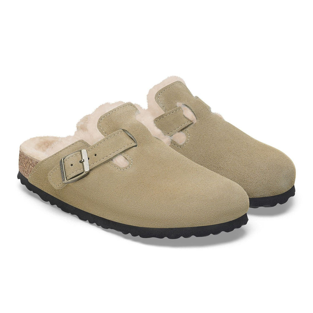 BIRKENSTOCK Boston Shearling Suede Leather/fur Taupe: зеленый сабо для женщин