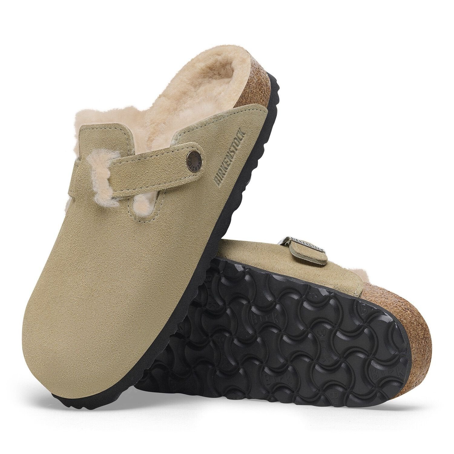 BIRKENSTOCK Boston Shearling Suede Leather/fur Taupe: зеленый сабо для женщин