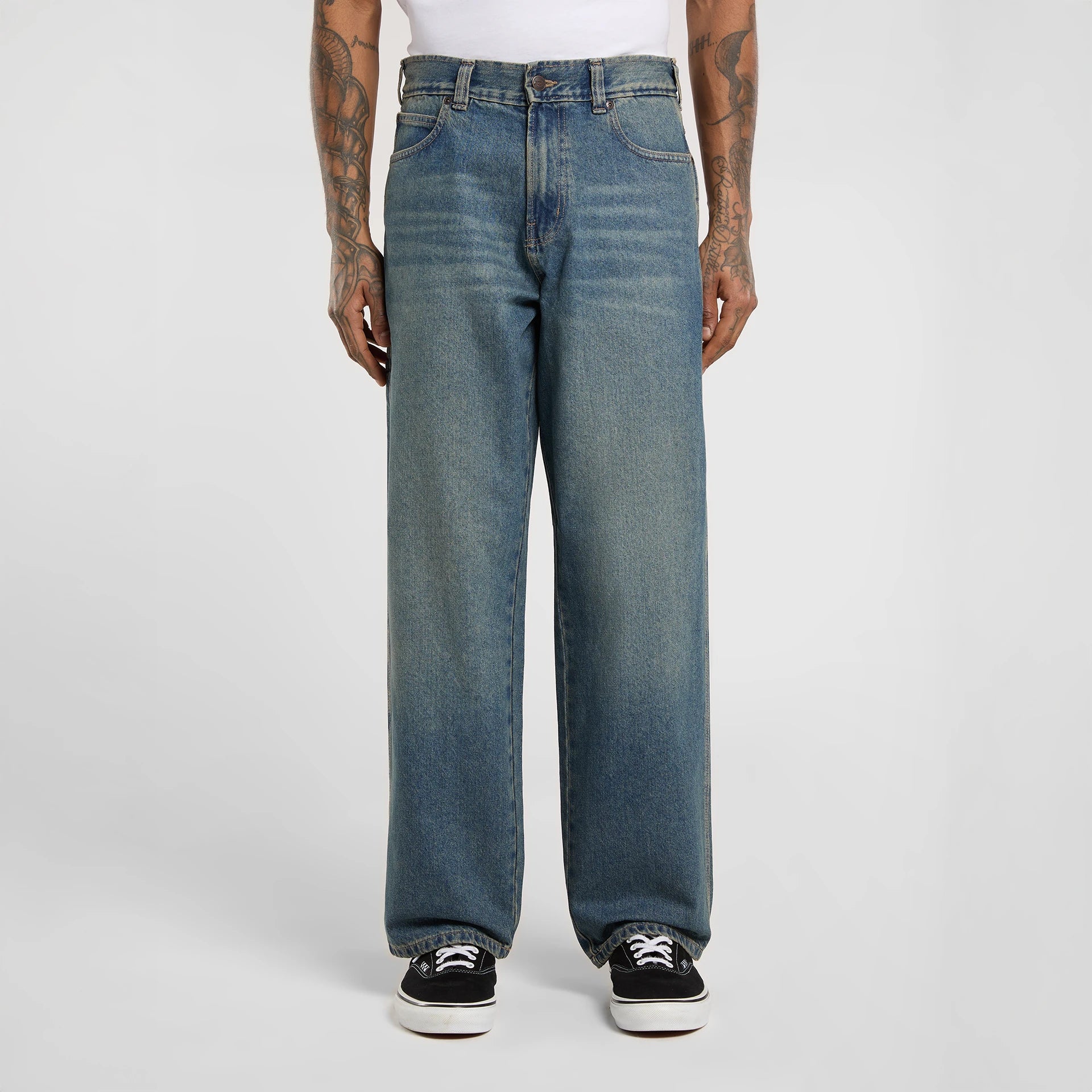 DICKIES 958 Baggy Tapered WORK Jeans Khaki Tinted BLUE: blue trousers for men