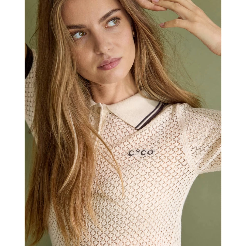 COCOUTURE Luecc Pointelle POLO KNIT BONE: beige polos for women