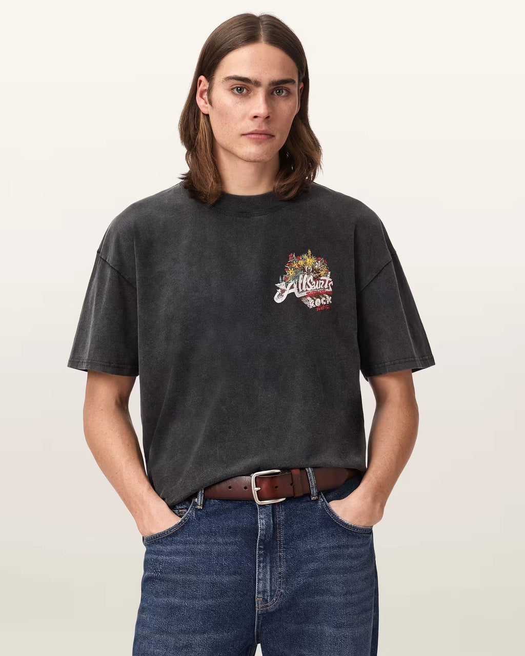 ALL SAINTS Roque SS CREW Washed Black: zwart T-shirt voor heren