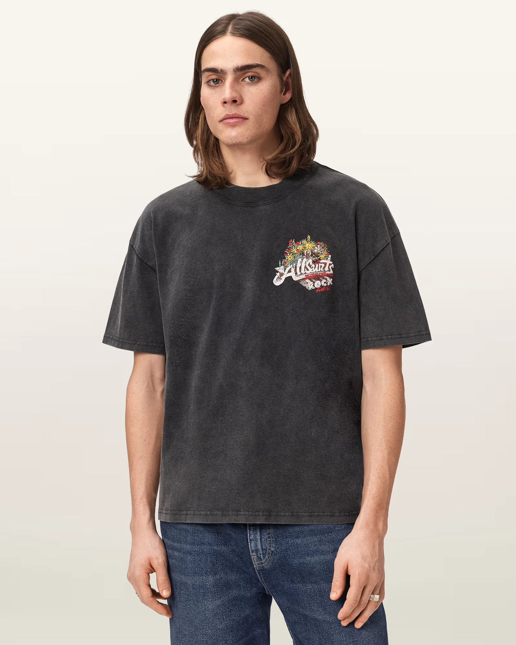 ALL SAINTS Roque SS CREW Washed Black: zwart T-shirt voor heren