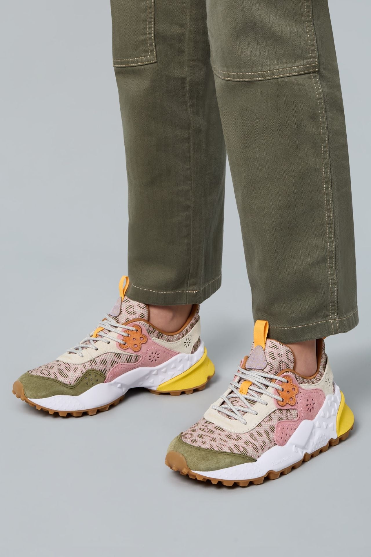 FLOWER MOUNTAIN Kotetsu Woman Suede/nylon LEO Print Green-beige-cipria: brown trainers for women