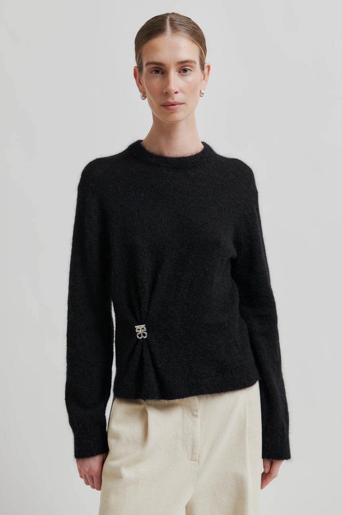 SECOND FEMALE Solvej KNIT O-neck Black: أسود كنزة للنساء