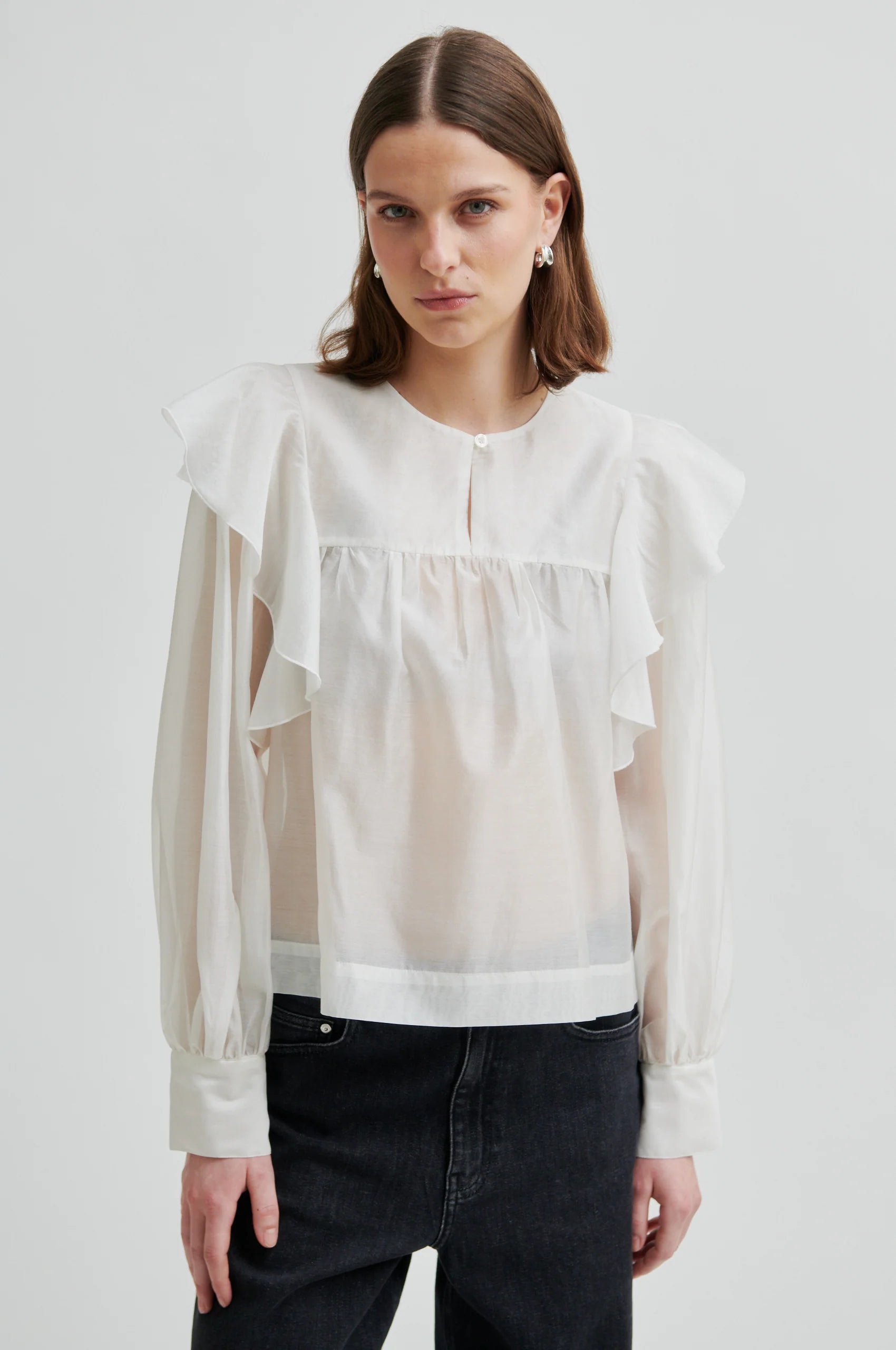SECOND FEMALE Dream Ruffle Blouse JET Stream: white blouse for women